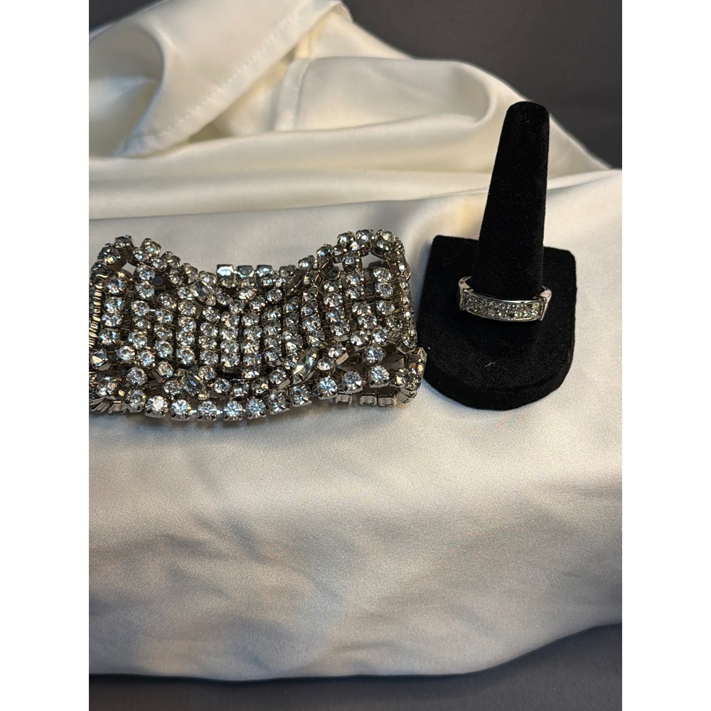 Vintage Rhinestone Bracelet and Ring Set Silver Tone Wide Multi Strand Size 9.5